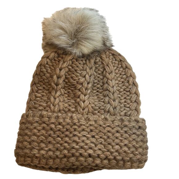 AQUA Camel Natural Knit Hat, Alpaca Blend, Pom-Pom Beanie, OS, NWT!! - Picture 1 of 5